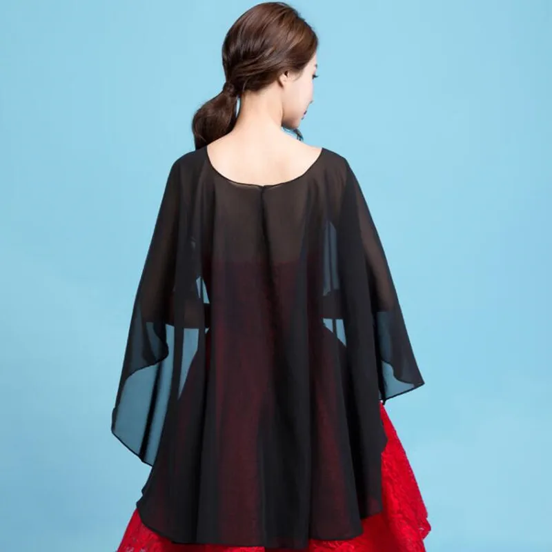 Long Chiffon Cape Shawl Wedding Jacket Women Shrug Wraps Black Off White Red One Size Etole Mariage Bolero Mariage