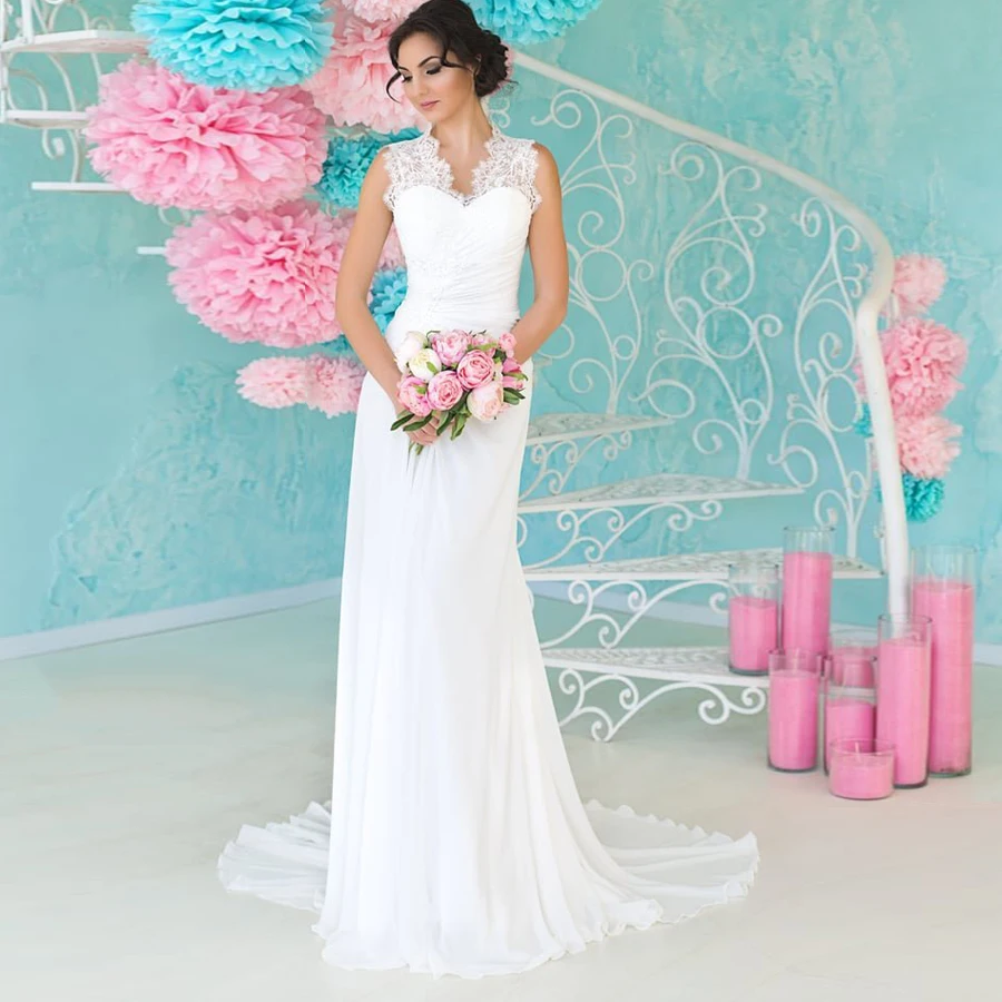 

ADLN Lace Beach Wedding Dress 2019 Cap Sleeve White/ Ivory Bridal Gown Chiffon Sweep Train Wedding Dresses vestido de noiva