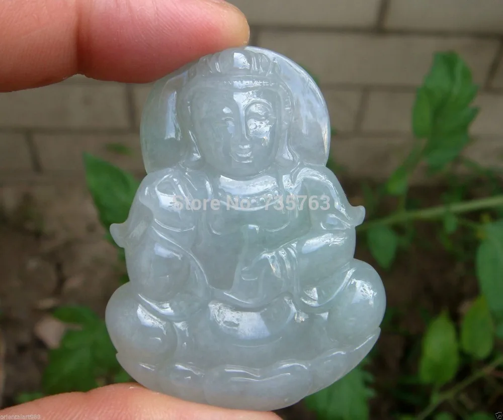 

xiuli 0014846 Light Green Ice 100% Natural Grade A Jade Jadeite Emerald Pendant Kuanyin
