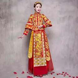 Роскошный для женщин феникс и Дракон Китайский Свадебный Cheongsam комплект древний женский брак костюм Винтаж Тан Hanfu тост костюмы