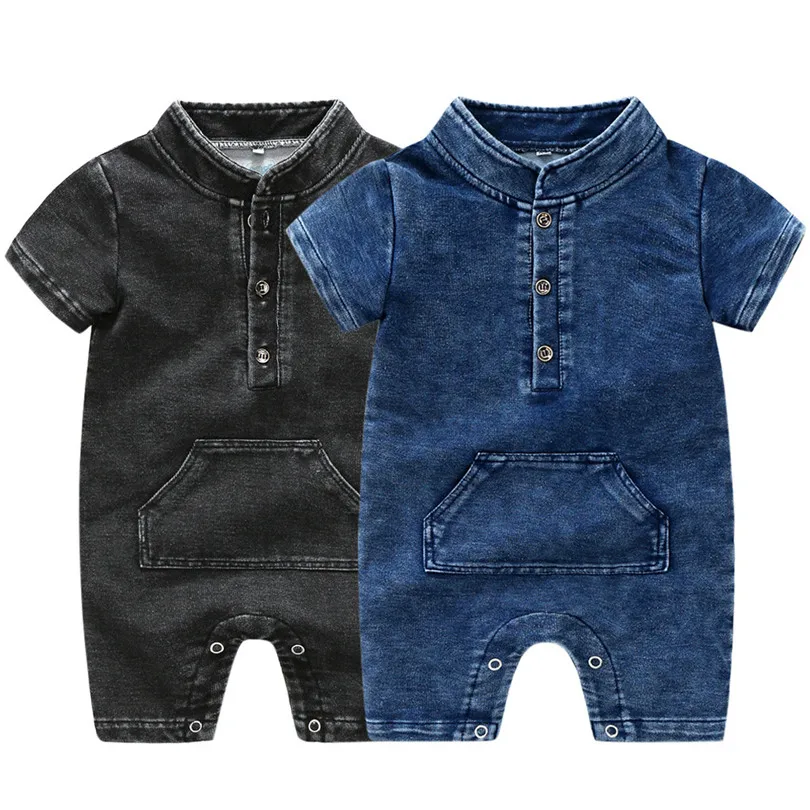 Newborn Infant Baby Girls Boys Summer Denim Solid Romper Jumpsuit Outfits (1)