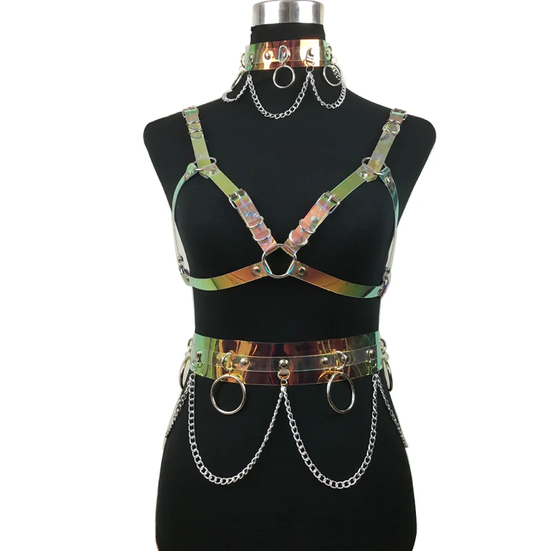 

New Handmade Punk Gothic Chain Holographic Choker Bra Top Harness Straps Hologram Rainbow PVC Bondage Waist Belt for women
