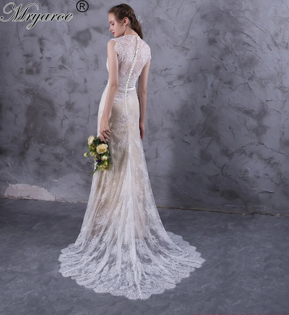 

Mryarce Exquisite Lace Wedding Dresses Boho Cap Sleeve High Low Hem Wedding Dress With Button Back vestido de noiva