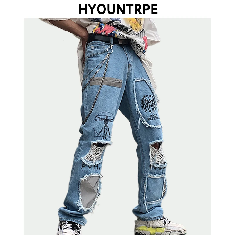 

Fashion Destroyed Ripped Holes Denim Jeans Patchwork Reflect Lines Hip Hop Straight Long Pants Men New Streetwear Zipper Trouser