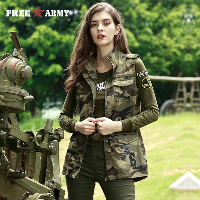 

FREE ARMY 2017 New Fashion Summer Autumn Female Vest Sleeveless Long Coat Jacket for Women Green Camouflage Clothes GS-8780C