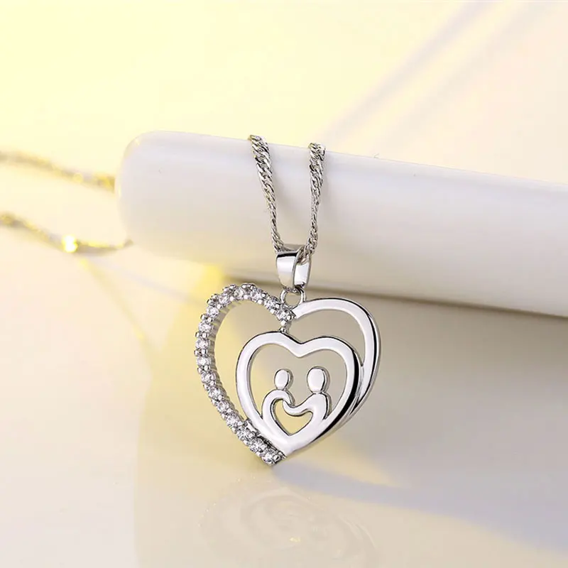 CHUKUI Mother Baby Heart Charm Pendant Family Love Cubic Zirconia Heart-shaped Pendant Necklace For Mothers Day Gift (4)
