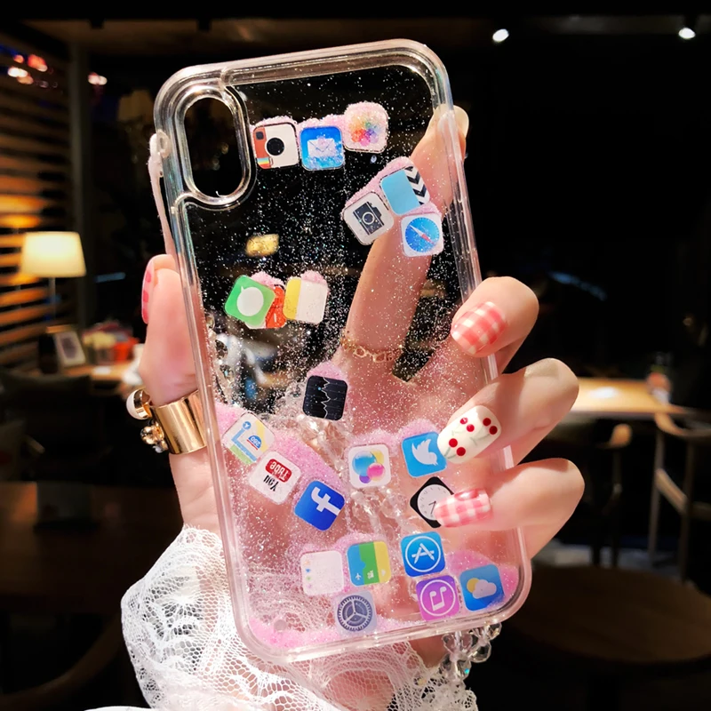 

Funny Dynamic Apps Icon Phone Case for iPhone X 7 8 6 6S Plus Glitter Liquid Quicksand Transparent Cover For iPhone XS Max XR 10