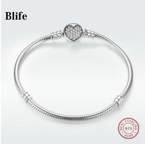 

925 Sterling Silver Sparkling Heart Snake Chain Fit Original Beads Charm Bracelets & Bangles For Women Jewelry Girls Gifts