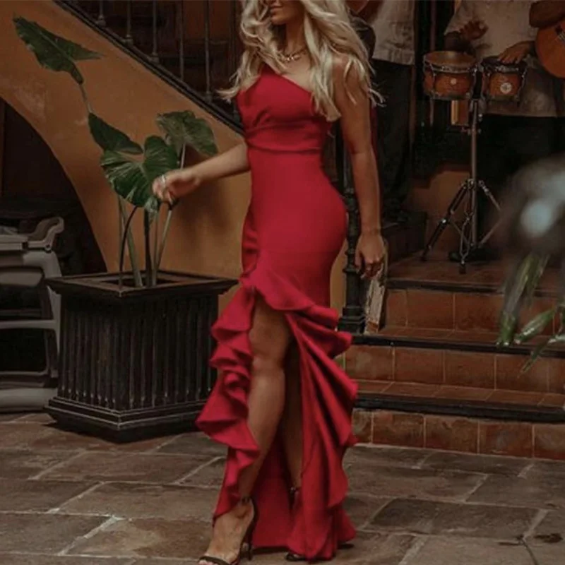 AECU вечерние платье на одно плечо сексуальное длинное Для женщин Bodycon блестящий