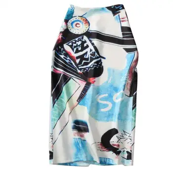 

Fashion Women Art Print Spring Summer Pencil Skirt XXL XL Faldas Mujer Elegant High Waist Split Midi Skirt Office Lady Work Wear