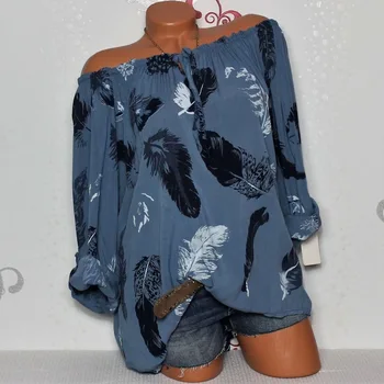 

5XL Plus Large Size Women Blouses Summer Tops New Slash Neck Leisure Blouse White Loose Feather Print Long Sleeve Shirts Blusa