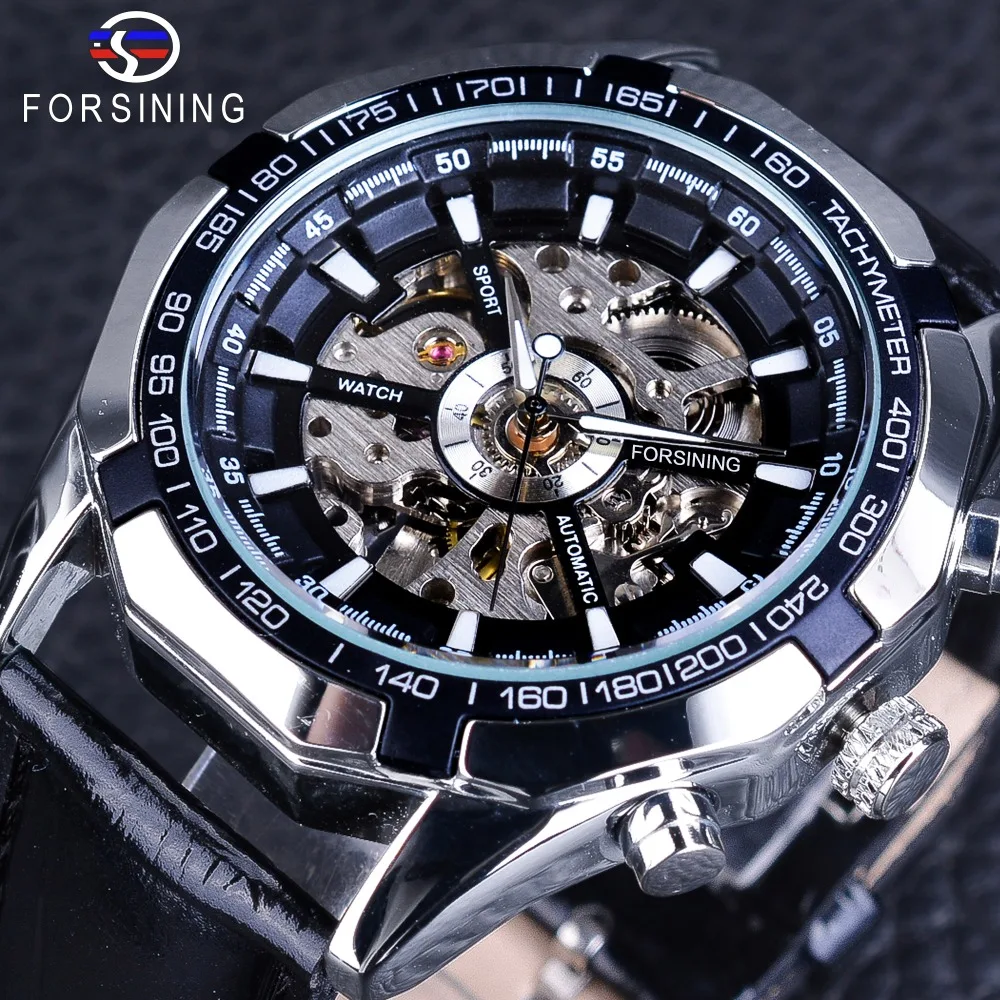 

Forsining Steampunk Automatic Men's Watch Silver Case Luminous Hands Sport Watches uhren herren Black Band Mechanical Clock Male