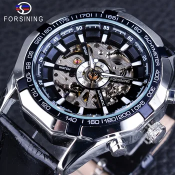

Forsining Steampunk Automatic Men's Watch Silver Case Luminous Hands Sport Watches uhren herren Black Band Mechanical Clock Male