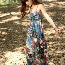 2017 Summer Beach Boho Dress Sling Spaghetti Strap Vintage Floral Print Maxi Dress Women Cotton Sexy Long Dresses vestidos
