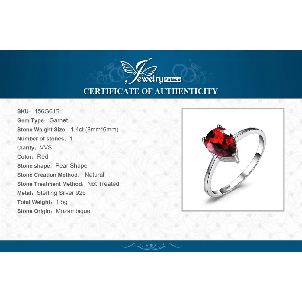 Jewelrypalace груша 1.4ct Красный Камень Гранат пасьянс кольцо для Для женщин Настоящее