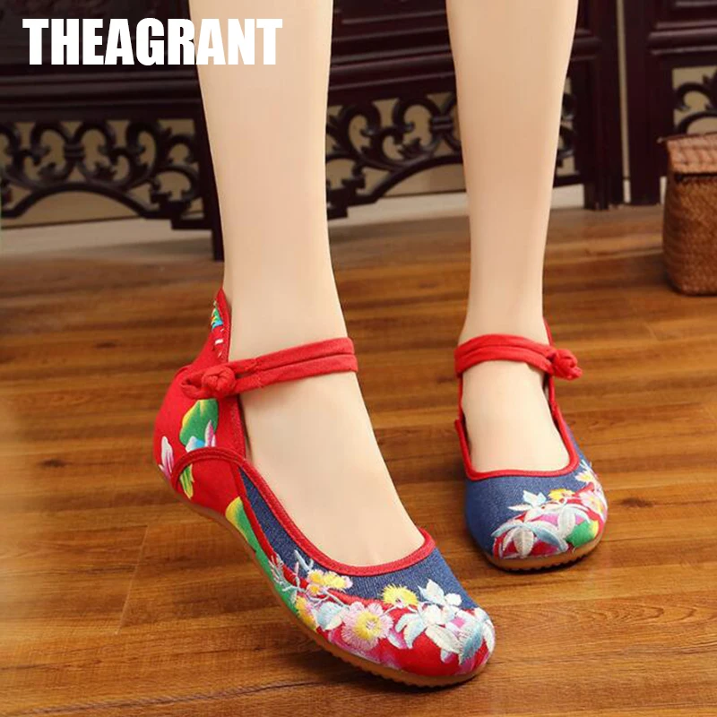 

THEAGRANT 2019 Floral Print Wedge Women Shoes Ankle Strap Embroidery Lady Sneakers Low Block Heel Party Dance Shoes WFS3024