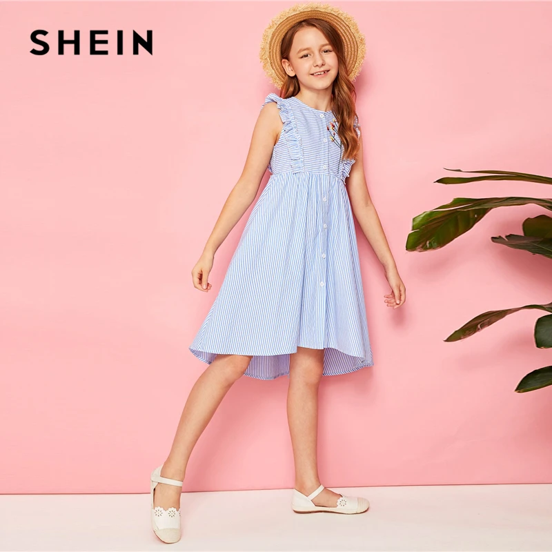 

SHEIN Kiddie Blue Single Button Front Striped Frill Trim Girls Cute Dress 2019 Summer Sleeveless Floral A Line Dresses For Kids