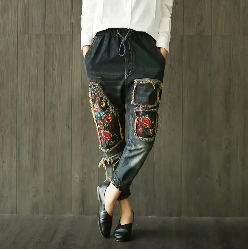 

National Wind Embroidery flowers Patch Retro Loose Casual Denim Trousers Collapse Pants Female Literary 204