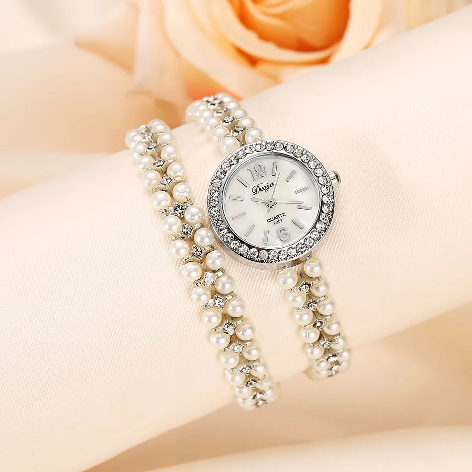 Новейший люксовый бренд Duoya бренд кварцевые часы женские золотистое жемчужное ожерелье стальной браслет наручные часы женские оптом Aug4