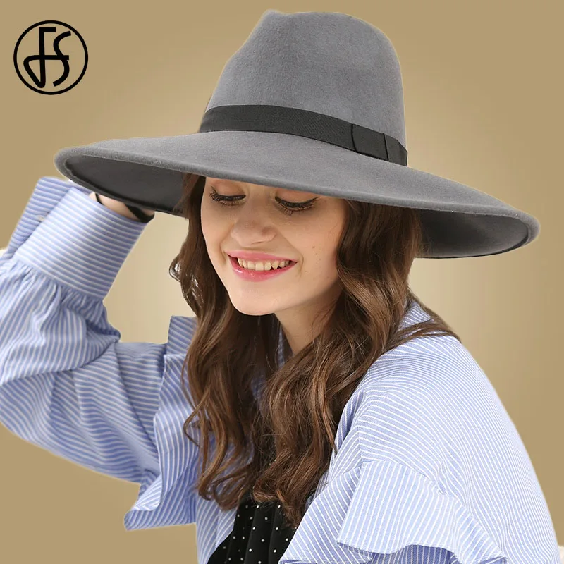 Женская фетровая шляпа с большими полями FS, повседневная мягкая шерстяная шляпа-трилби с бантом, в австралийском стиле, черная, на осень - Цвет: Gray Wool Fedora