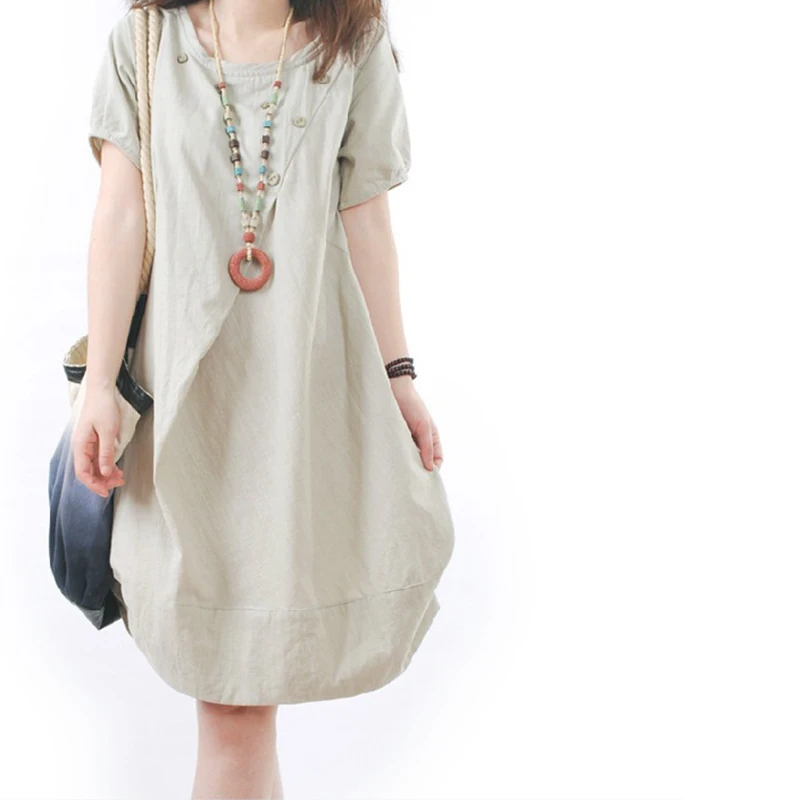 Плюс размеры для женщин Boho свободные кафтан платье Лен карман длинная туника короткий рукав