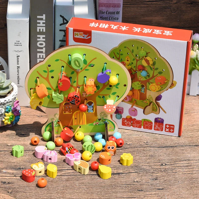 Деревянные 3D DIY игрушки струнные бусины фруктовое дерево животные Красочные Детские раннее образование игрушка Дети подарок Монтессори