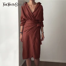 TWOTWINSTYLE Belt V Neck High Waist Patchwork Split Midi Dress