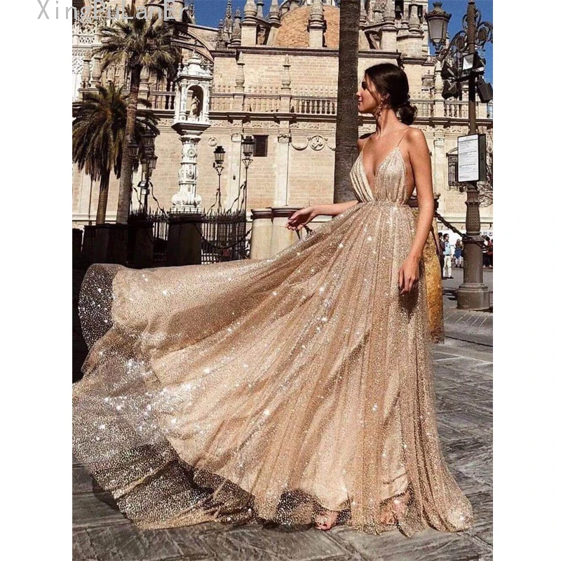 

A Line Spaghetti Straps V Neck Backless Sparkling Party Prom Dress 2019 vestidos de graduacion Sequin Gold Long Prom Dress