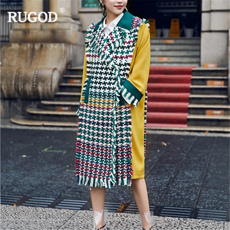 RUGOD Fashion X-Long Women Coat Patchwork England Style Wool Coat with Adjustable Waist Warm Winter Clothes manteau femme hiver