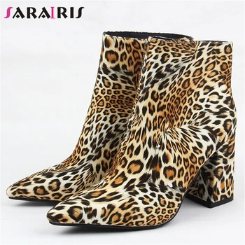 

SARAIRIS New Fashion High Quality leopard Ankle Boots Woman Shoes Zipper Chunky High Heels Add Fur Autumn Shoes Woman Boots