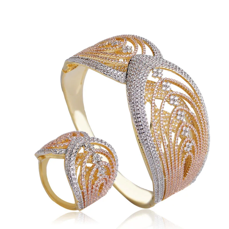 Dazz великолепный два слоя текстуры дизайн широкий браслет кольцо три тона цвета полный Циркон наборы для женщин свадебный банкет Медь Ювелирные изделия - Окраска металла: Three Colors