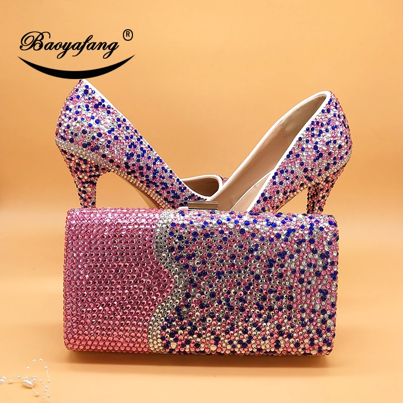 BaoYaFang/розовые разноцветные женские свадебные туфли с сумочкой в комплекте; Роскошные туфли со стразами и наборы кошельков; туфли-лодочки на высоком каблуке с круглым носком