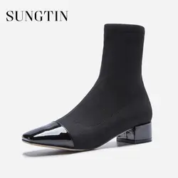 Sungtin новый вязаный зимний носок сапоги Для женщин модные однотонные черные эластичные ботинки martin Повседневное квадратный носок