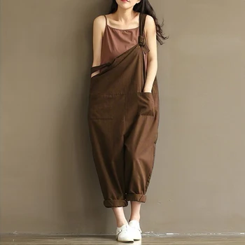 

Casual Women's Jumpsuits Plus Size Solid Pockets Loose Suspender Female Clothes Button Rompers Cotton Linen Vintage Jumpsuit