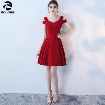 

FOLOBE 2020 New Simple Short Burgundy Party Dress Soild Women Formal Evening Party Dresses Vestido