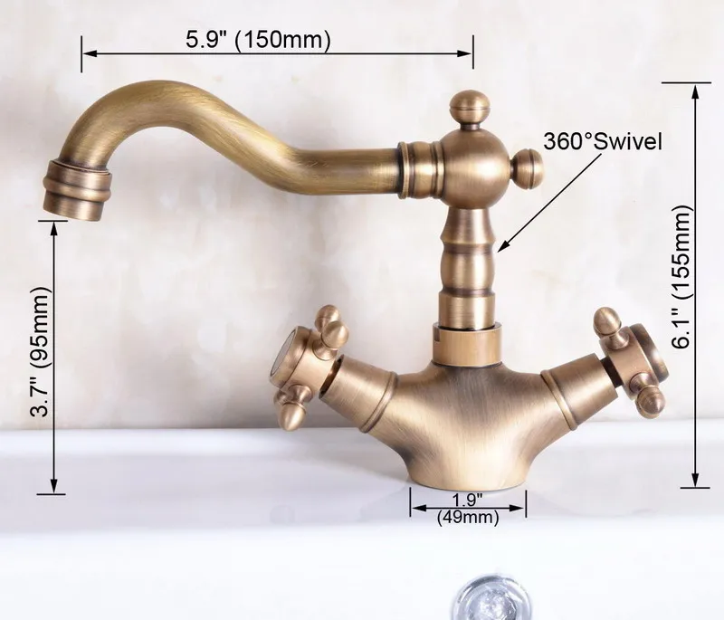 Two Cross Handles Antique Brass Single Hole Swivel Spout Kitchen Sink Bathroom Vessel Basin Faucet Mixer Tap anf245