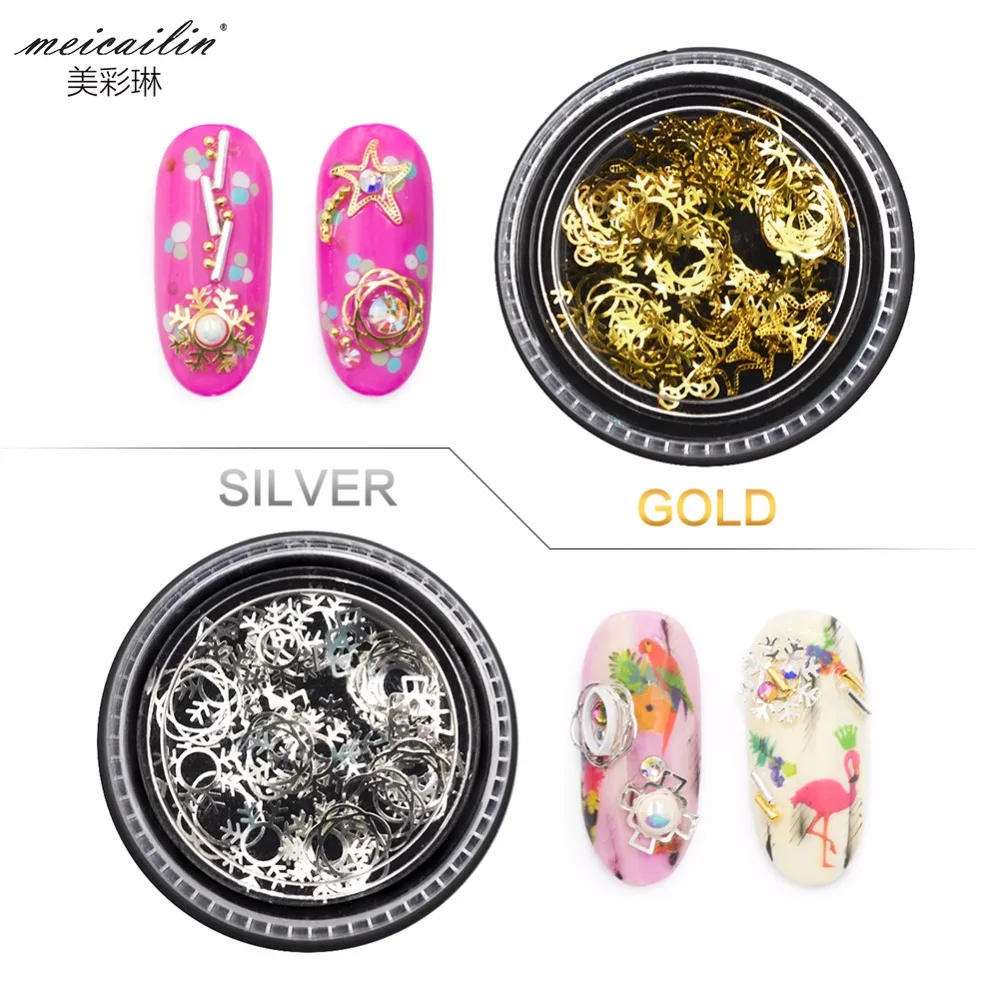 

1 PCS Gold Sliver Hollow 3D Nail Decoration Snowflake Heart Star Diamond Metal Slice Tips Manicure Nail Art Decorations