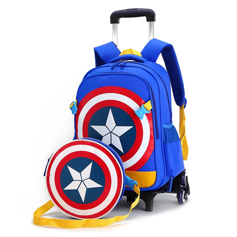 

New Primary School Trolley Bags Captain America Children Anime Backpack Schoolbag Child with Wheels ;School bags with trolley