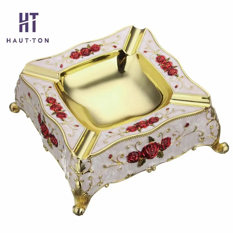 Zinc Alloy Exquisite Ashtray Enamel Rose Square Cigarette Ashtray Box