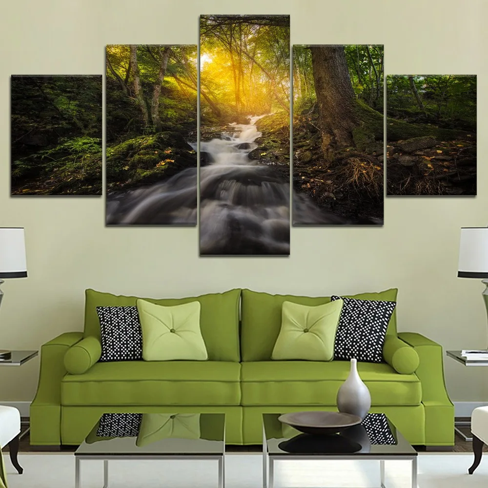 

Modern Home Decorative Wall 5 Piece Modular Combinatorial Art Picture Forest Nature Sunbeam Trees Reflection Painting