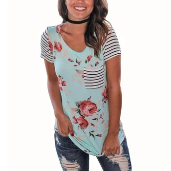 

Plus Size Tops Tees Women Fashion Floral Print Casual Summer Tshirts Short Sleeve O neck Pockets T-shirts tee shirt femme 2019