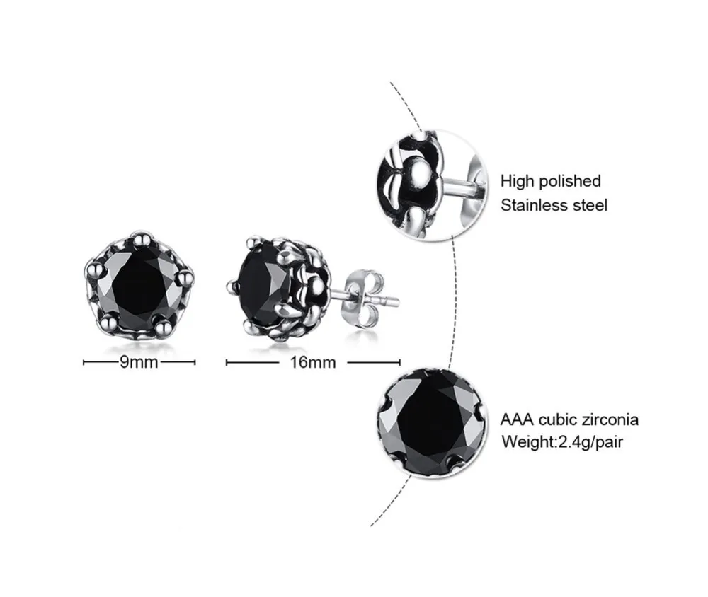 Мужские из Нержавеющей стали 9 мм черные круглые CZ серьги-гвоздики для мужчин ювелирные изделия в черном белом цвете