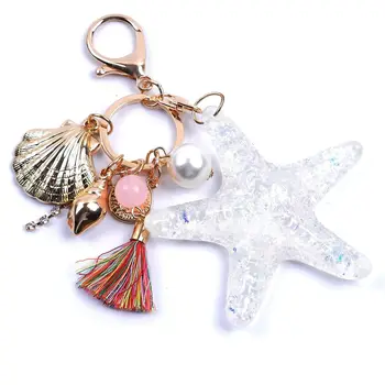 

New Cartoon Sea World Starfish Pearl Shell Keychain Bag Chain KeyRing Crystal Pendant Women Bag Ornament Bag Accessories