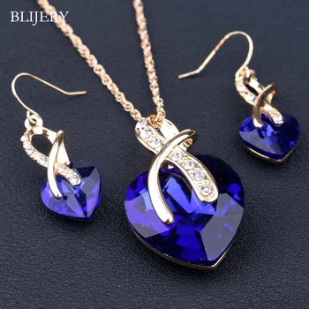 

BLIJERY Gold Color Crystal Bridal Jewelry Set Royal Blue Heart Pendant Necklace Earrings Sets for Women Wedding Jewelry Sets