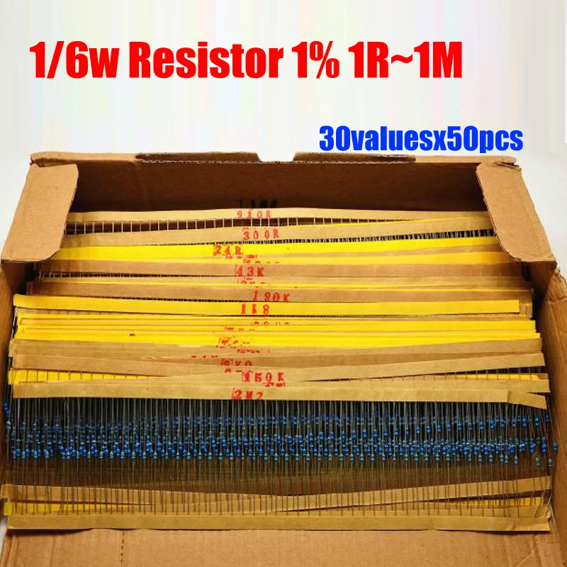 1/6 Вт резистор 30valuesX50pcs = 1500 шт. 10R ~ 1 м 1% Металл резистор комплект ассорти Pack для DIY