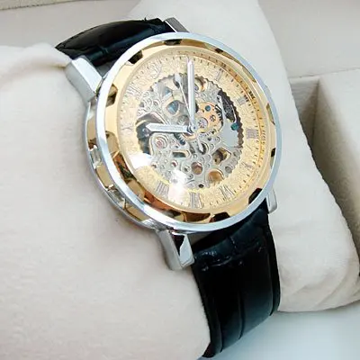 

Mens Luxury Watch Gold Tone Skeleton Auto Leather Gift! freeship