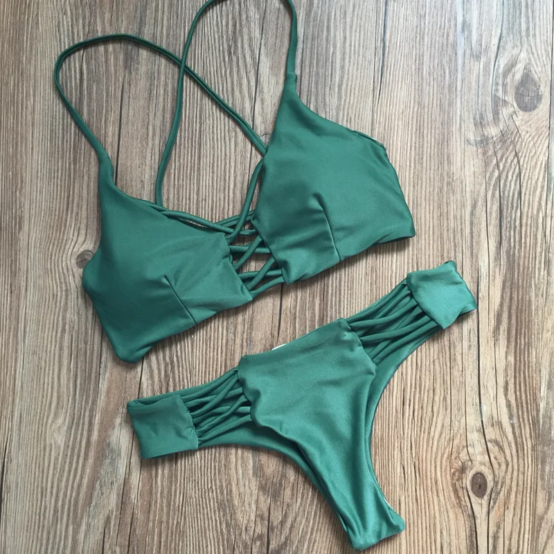 

CALOFE  Sexy Solid Bangdage Bikini Set Green Hollow Out Push Up Braided Rope Swimsuit Women 2017 Summer Beach Party Bathing Suit