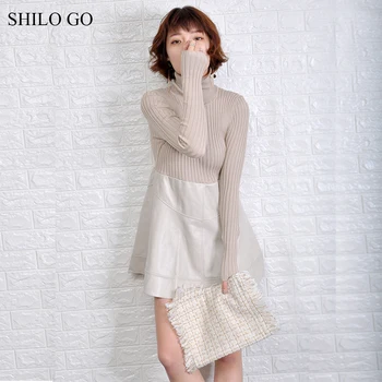 

SHILO GO Leather Blouse Womens Spring Fashion sheepskin genuine leather Blouse turtleneck collar colors long sleeve slim A Line