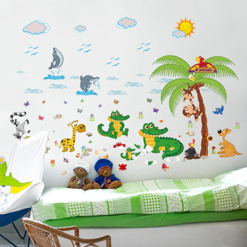 

Kids room cute monkey tree wall sticker animal removable cartoon dinosaur wall stiker children room adhesive nursery wall decal