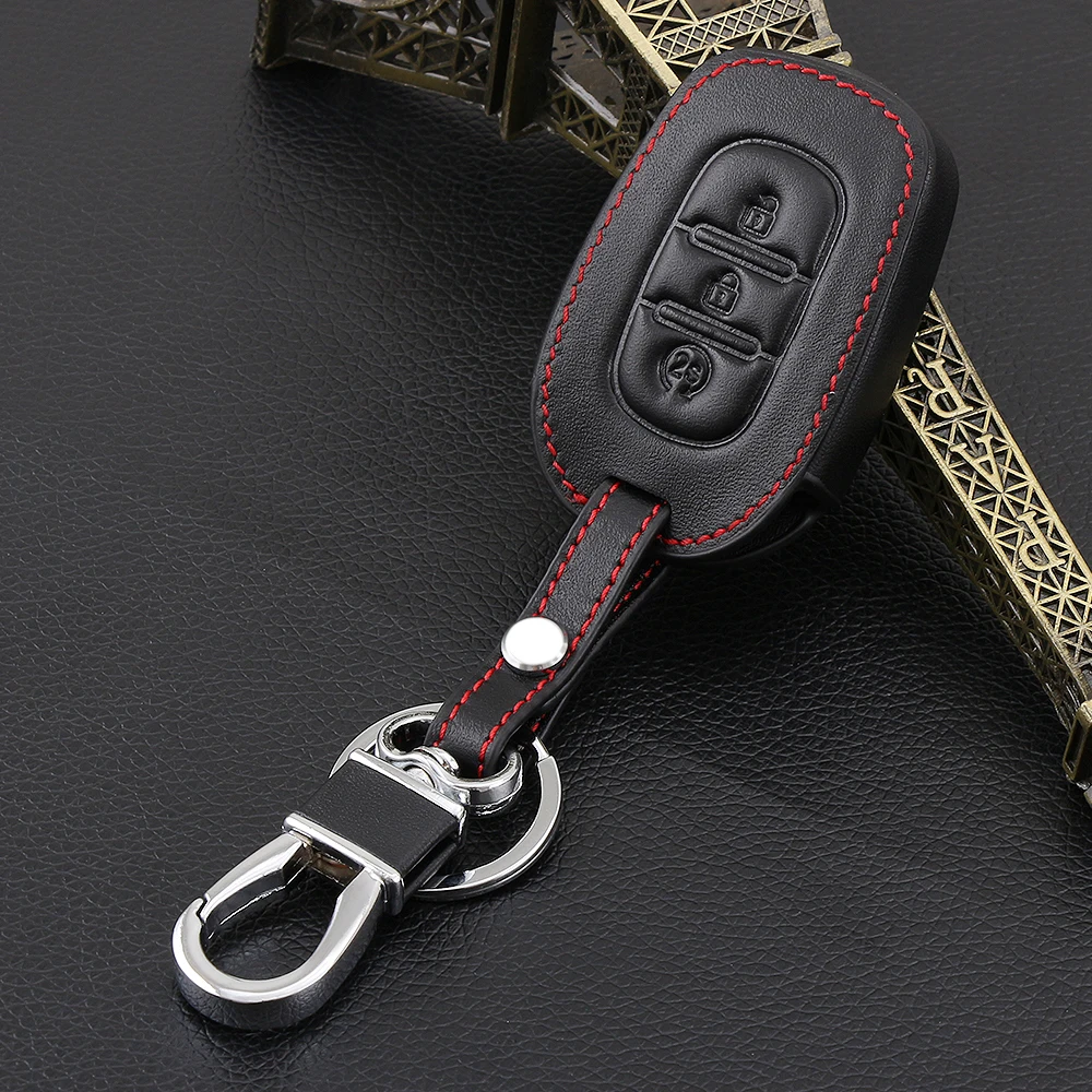 Black Leather car key covers case set holder For Renault Duster Sandero